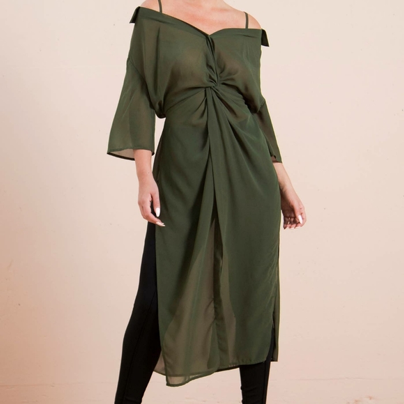 Olive Sheer Cold Shoulder Blouse - Picture 2 of 4